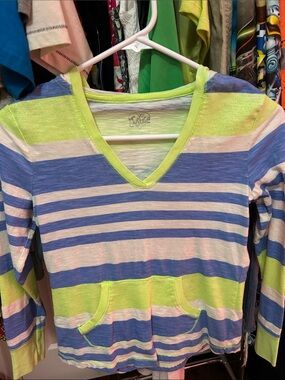 Justice Striped V-Neck Pullover in Blue, Lime & White